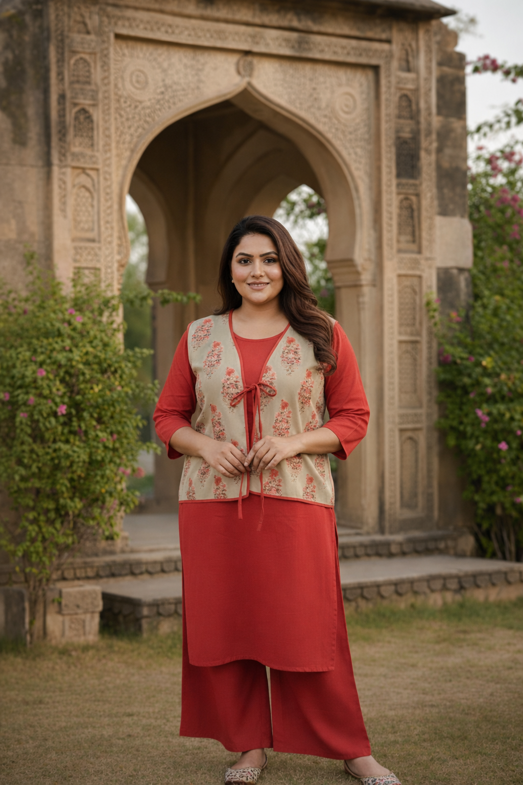 Olive and Coral Sleeveless Cotton Waistcoat
