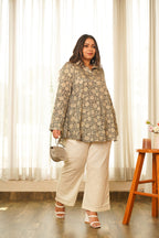 Regular Grey Floral Printed Flared Muslin Top