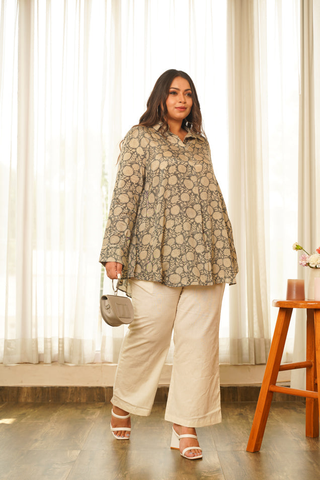 Regular Grey Floral Printed Flared Muslin Top