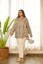 Regular Grey Floral Printed Flared Muslin Top