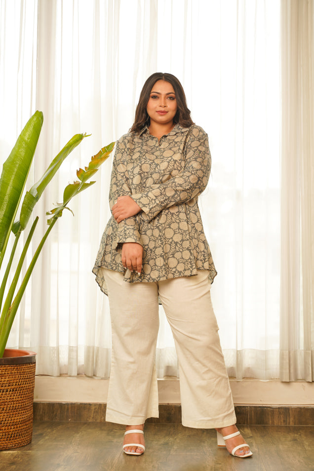 Regular Grey Floral Printed Flared Muslin Top