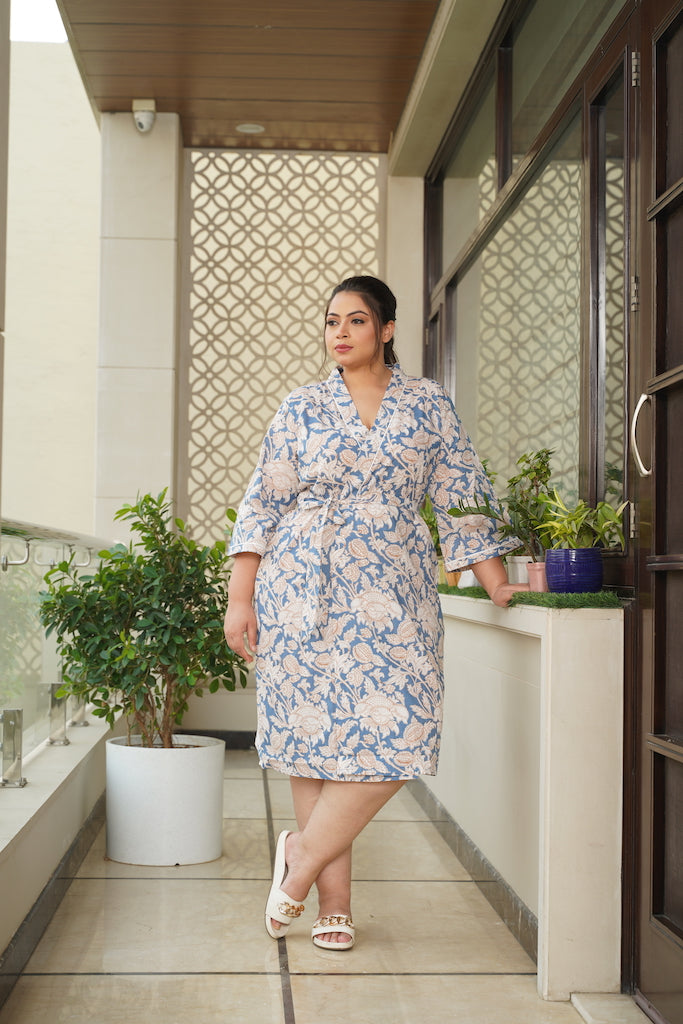 Regular Blue Floral Printed Cotton Kimono Robe