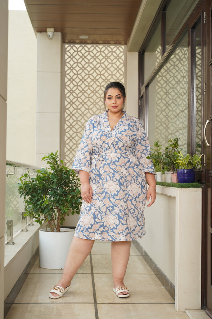 Regular Blue Floral Printed Cotton Kimono Robe