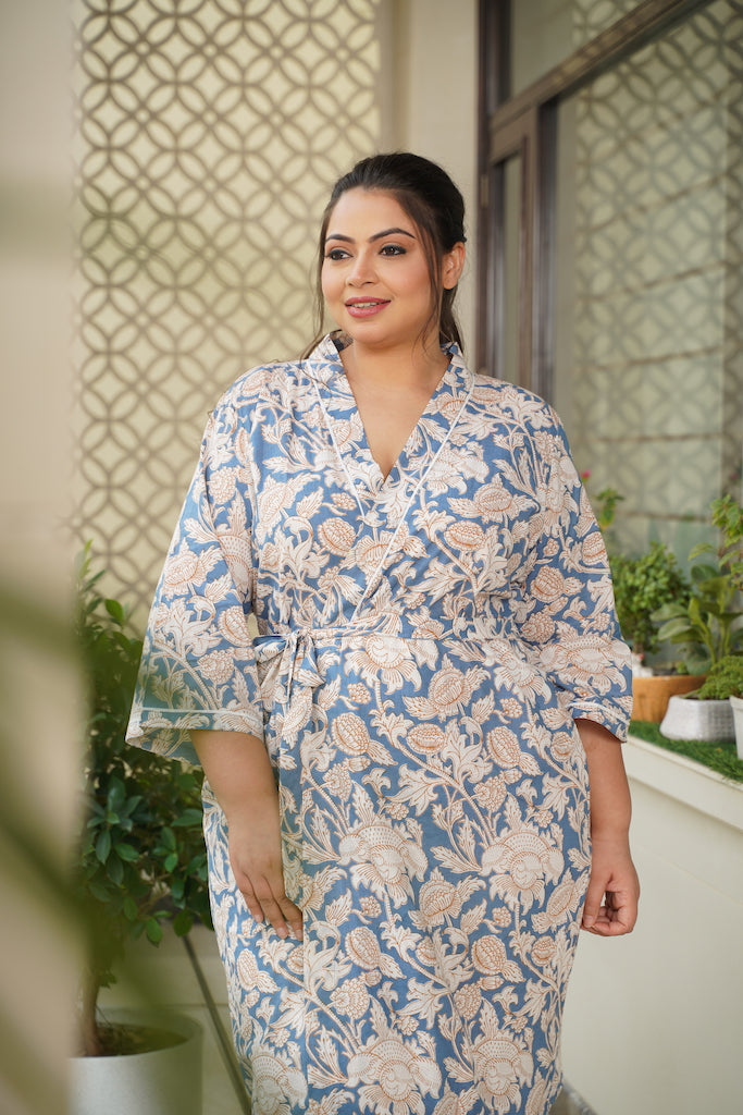 Regular Blue Floral Printed Cotton Kimono Robe