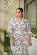 Regular Blue Floral Printed Cotton Kimono Robe
