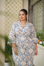 Regular Blue Floral Printed Cotton Kimono Robe
