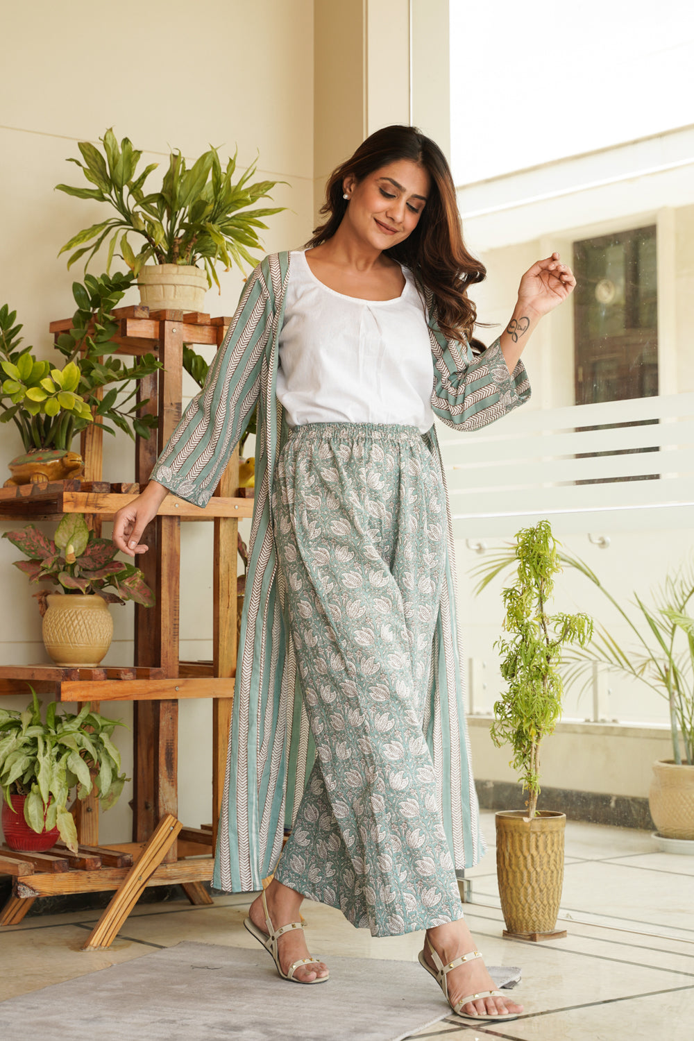 Regular Muted Green Cotton Printed Shrug and Palazzo Set– Set of 2
