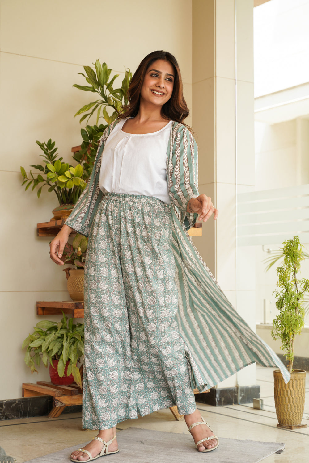 Regular Muted Green Cotton Printed Shrug and Palazzo Set– Set of 2