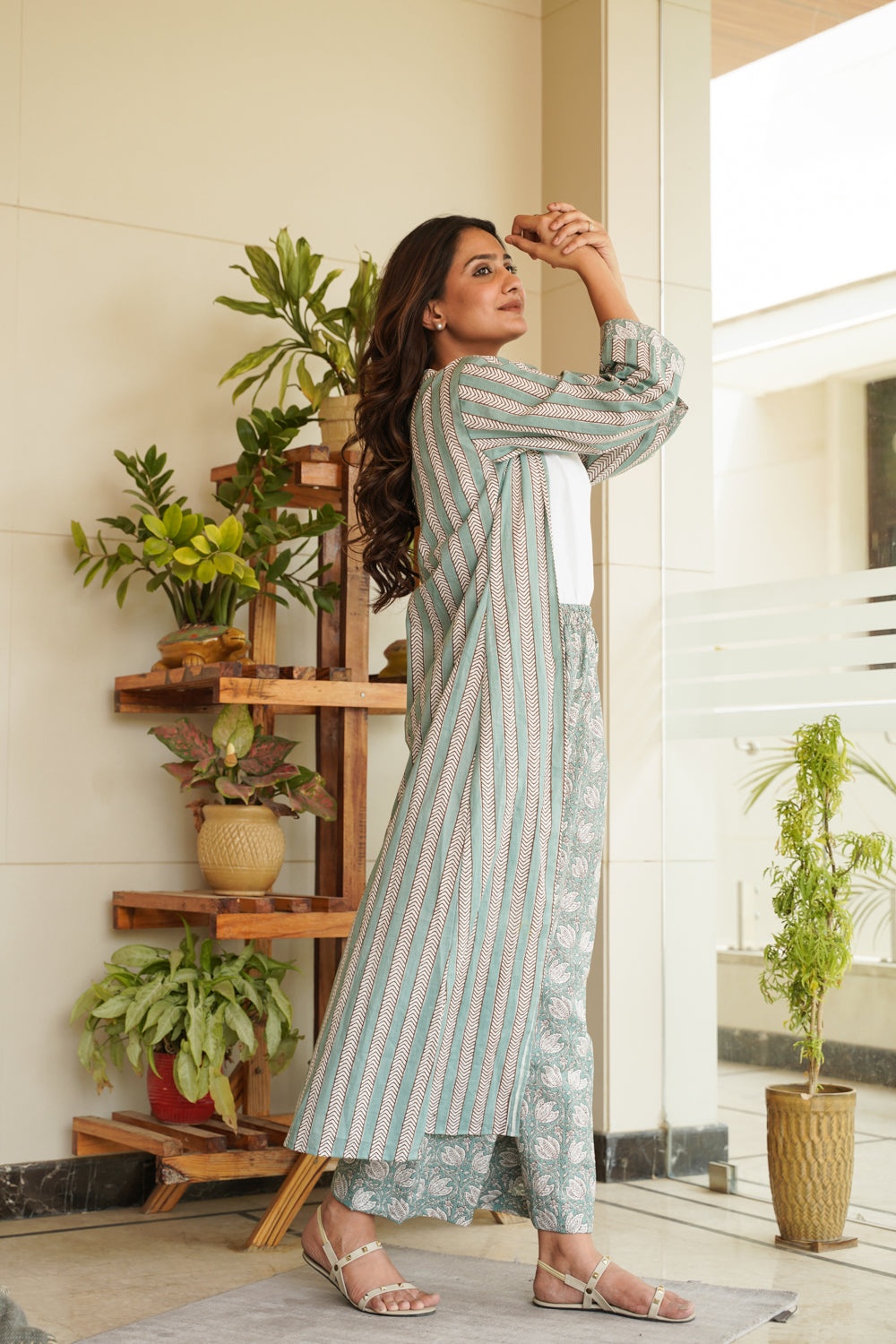 Regular Muted Green Cotton Printed Shrug and Palazzo Set– Set of 2