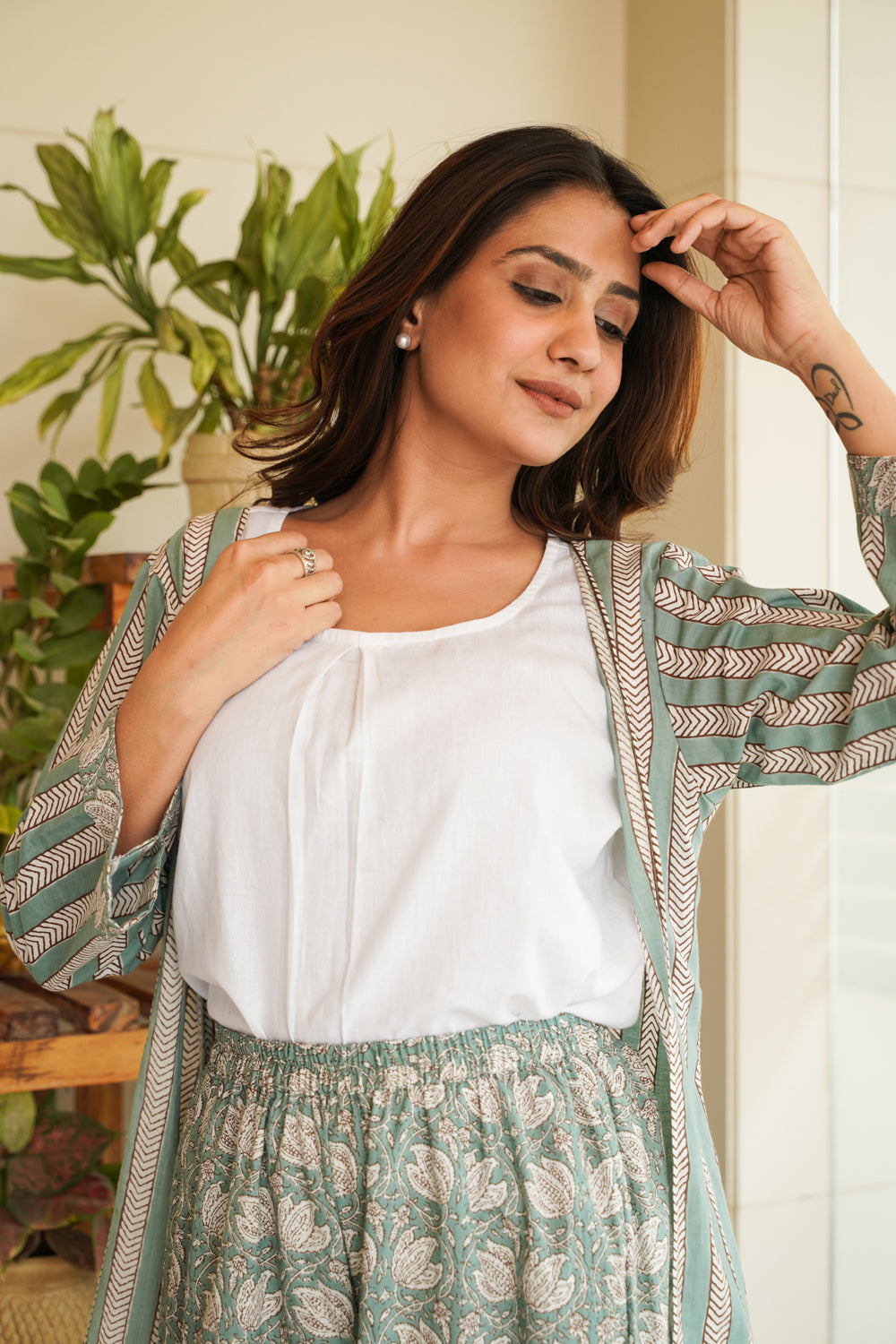 Regular Muted Green Cotton Printed Shrug and Palazzo Set– Set of 2