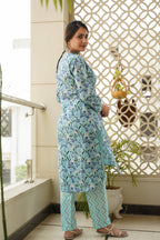 Sky blue Hilo Floral Cotton Kurta - (Set of 2)