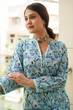 Sky blue Hilo Floral Cotton Kurta - (Set of 2)