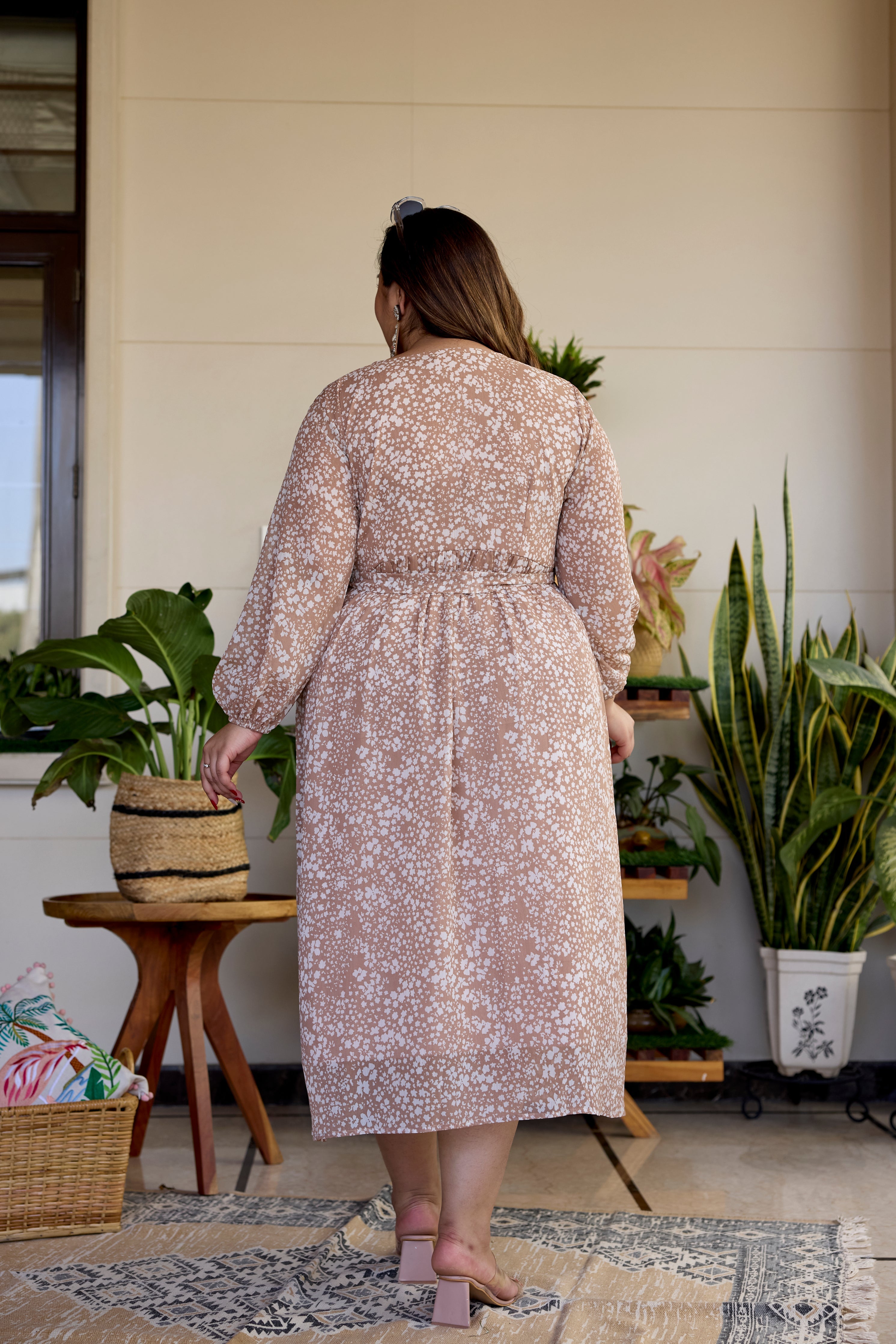 Coffee Cream Printed V Neck Georgette Dress