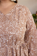 Coffee Cream Printed V Neck Georgette Dress