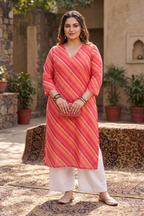 Plus Size Pink Leheriya Striped Cotton Kurta for Women | V-Neck Straight Fit Kurta