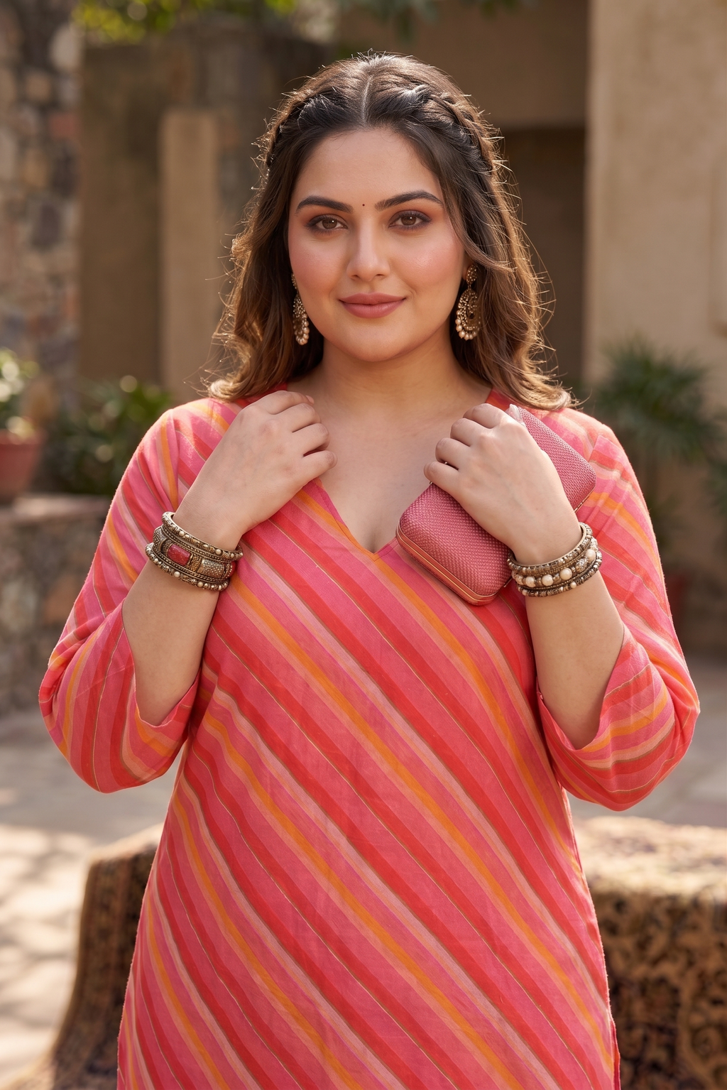 Plus Size Pink Leheriya Striped Cotton Kurta for Women | V-Neck Straight Fit Kurta