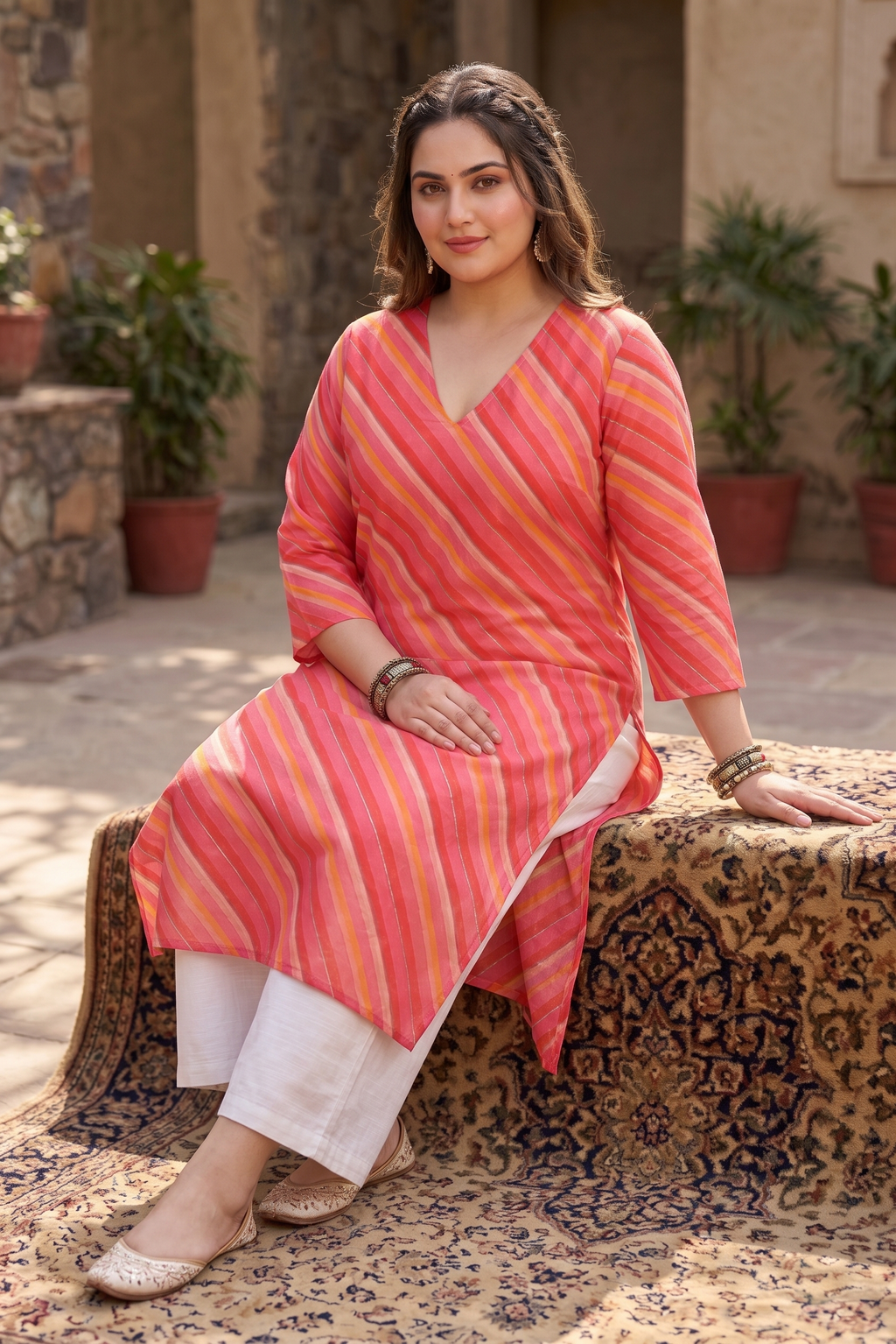 Plus Size Pink Leheriya Striped Cotton Kurta for Women | V-Neck Straight Fit Kurta