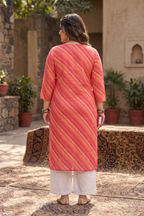 Plus Size Pink Leheriya Striped Cotton Kurta for Women | V-Neck Straight Fit Kurta