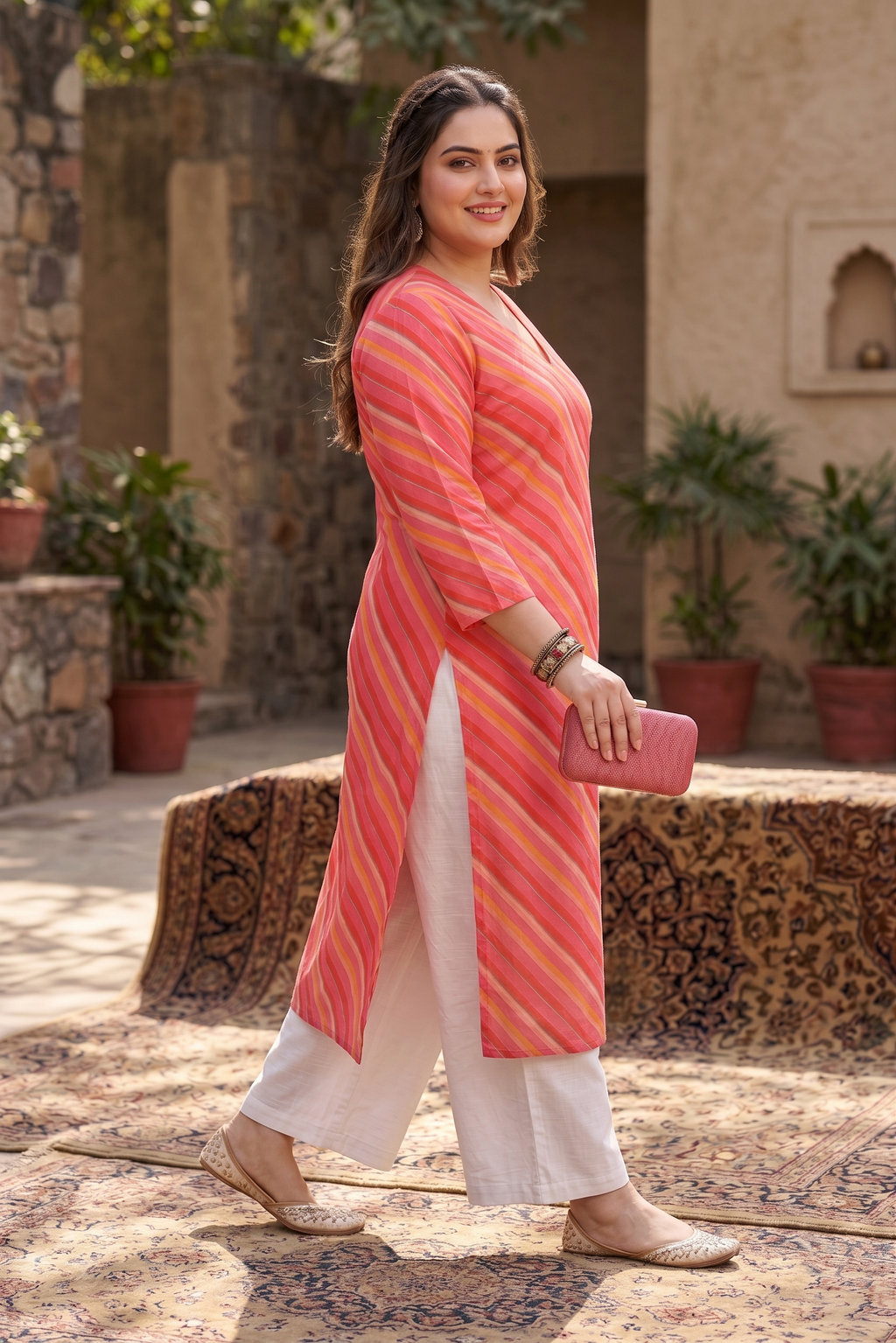 Plus Size Pink Leheriya Striped Cotton Kurta for Women | V-Neck Straight Fit Kurta