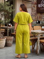 Regular Green Solid Linen Crop Top & Wide Leg Pants Co-ord Set
