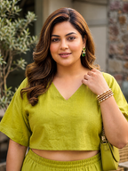 Regular Green Solid Linen Crop Top & Wide Leg Pants Co-ord Set