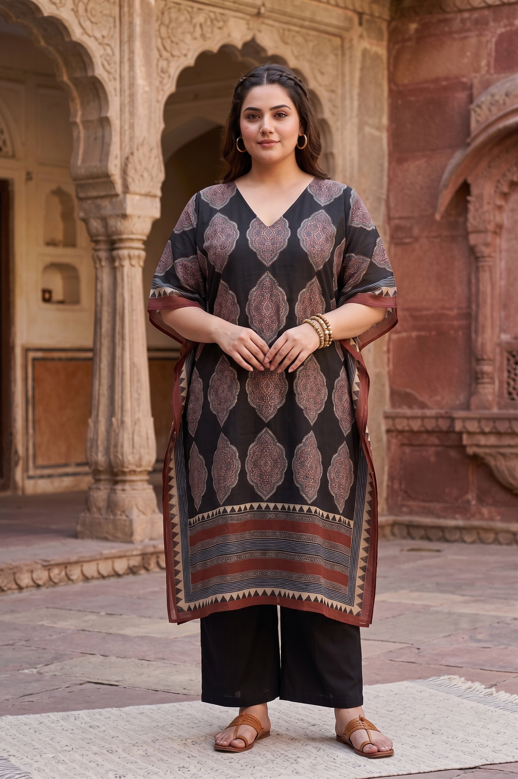 Black Kaftan Cotton Printed Ethnic Co-Ord Set For Women