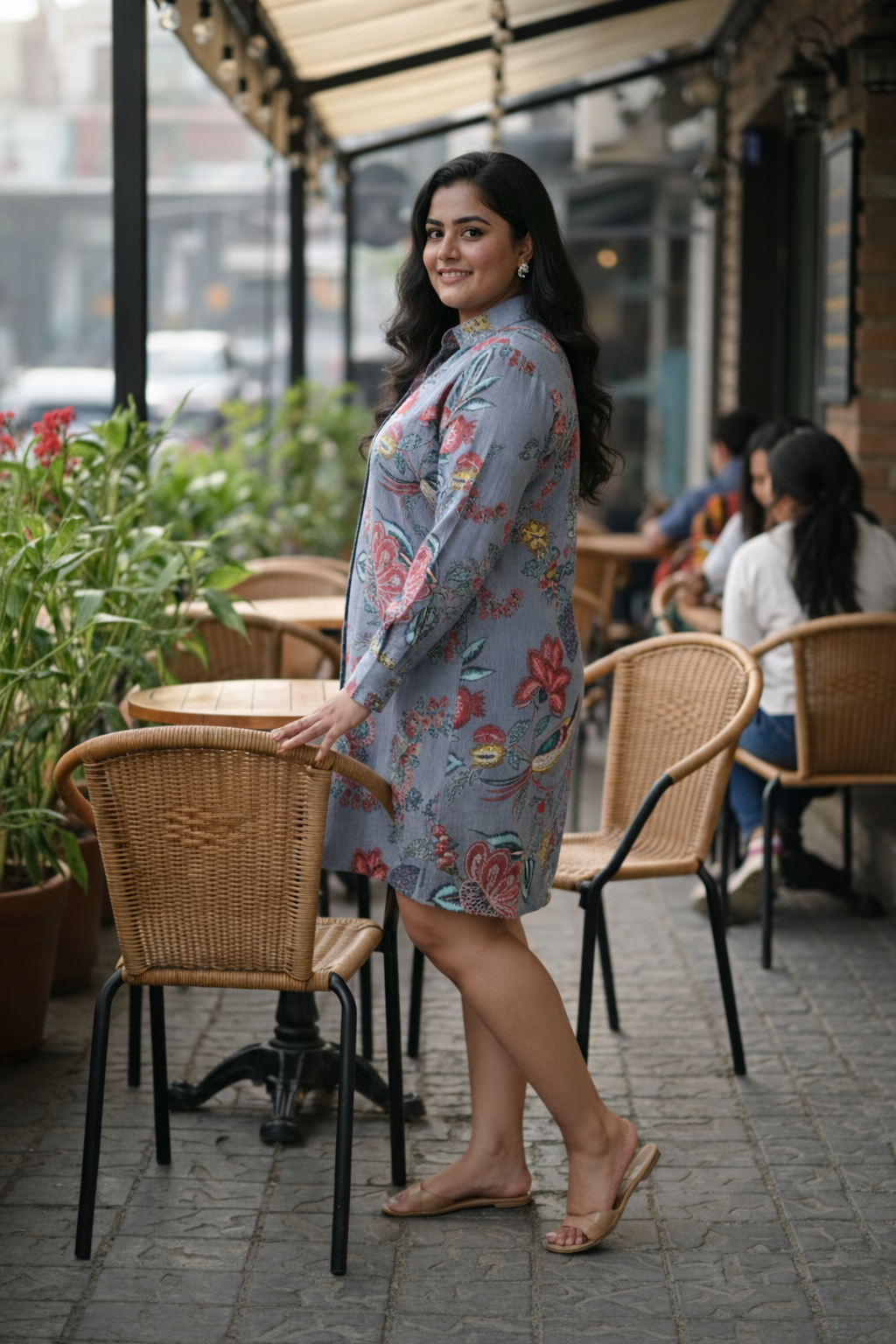 Grey Fruit Print Floral Cotton Shirt Dress