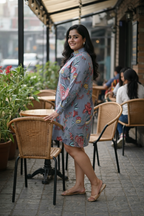 Grey Fruit Print Floral Cotton Shirt Dress