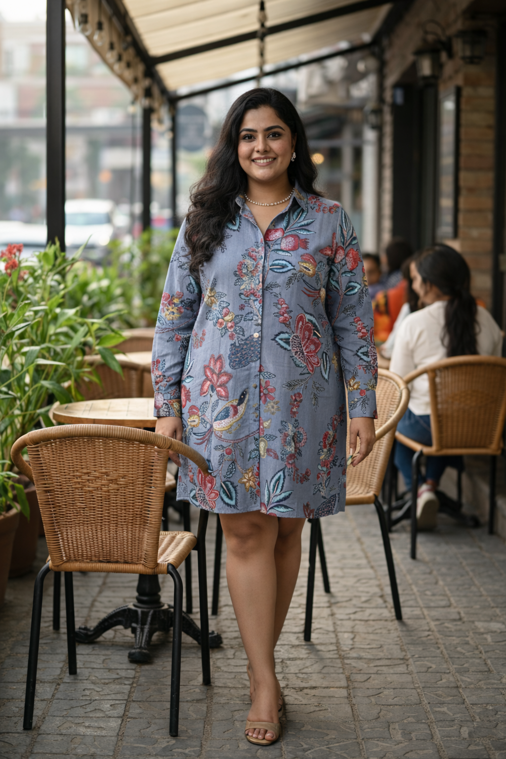 Grey Fruit Print Floral Cotton Shirt Dress