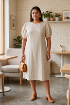 Beige Solid Linen Midi Dress