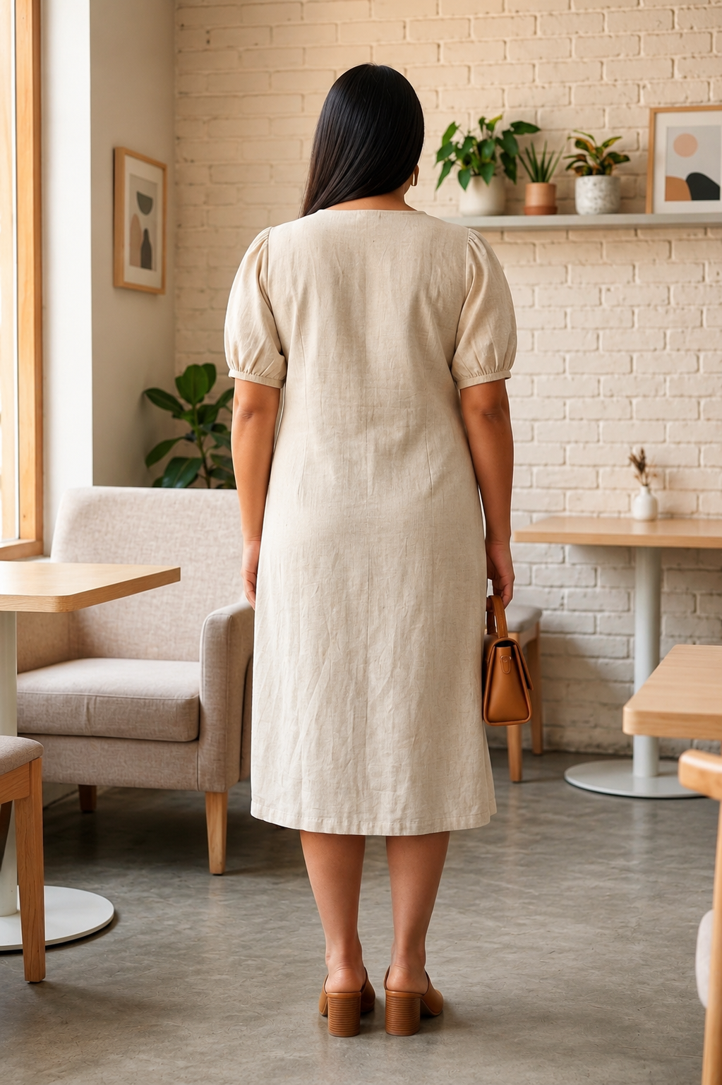 Beige Solid Linen Midi Dress