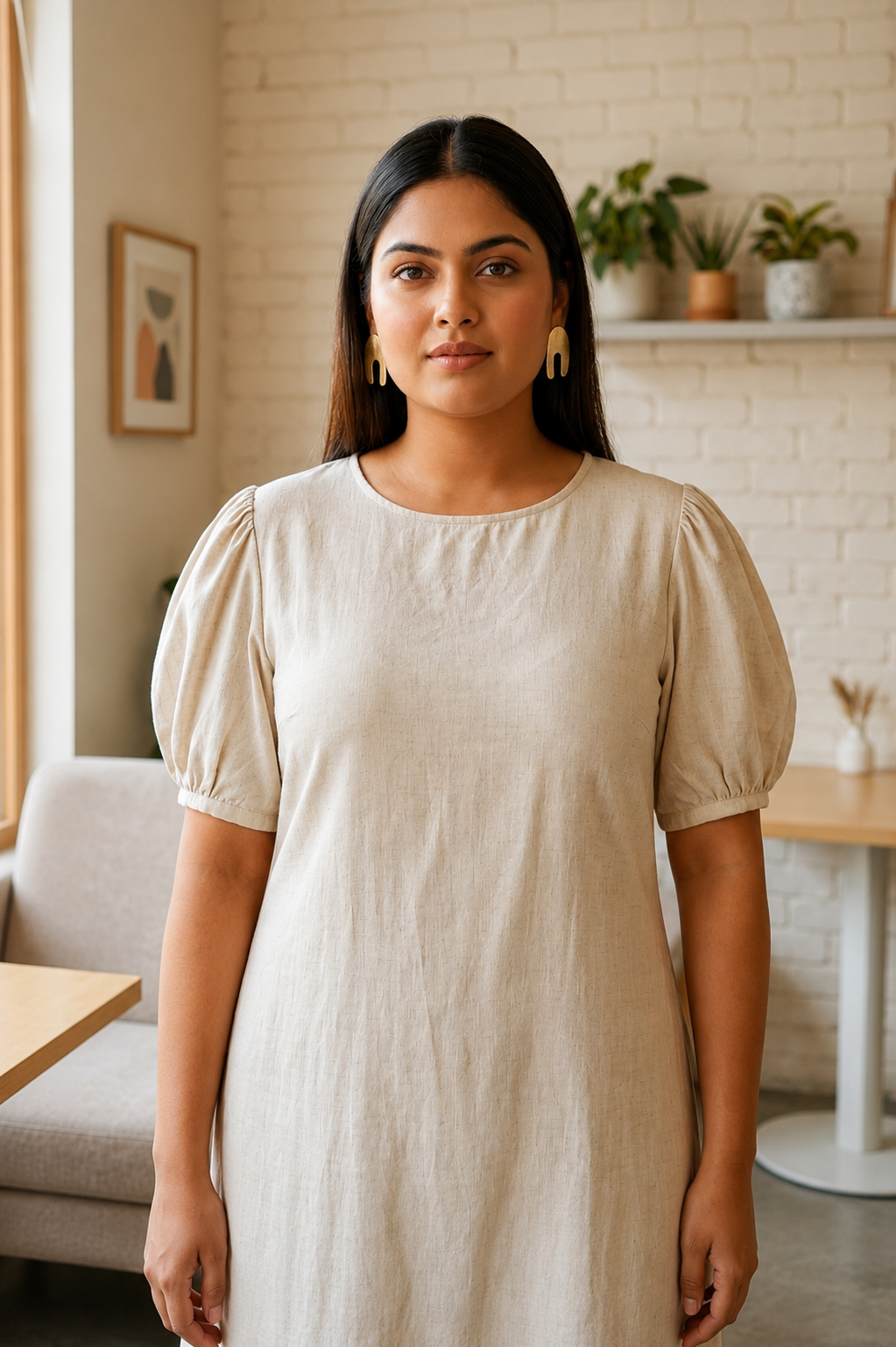 Beige Solid Linen Midi Dress