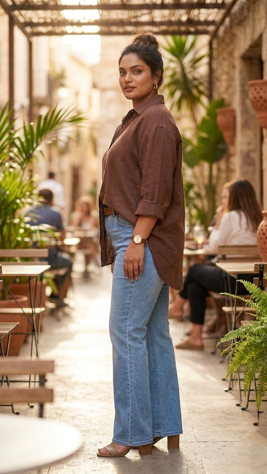 Plus Size Brown Linen Shirt – Casual Relaxed Fit Button-Down Top for Women