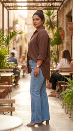 Plus Size Brown Linen Shirt – Casual Relaxed Fit Button-Down Top for Women