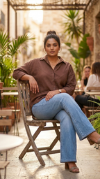 Plus Size Brown Linen Shirt – Casual Relaxed Fit Button-Down Top for Women
