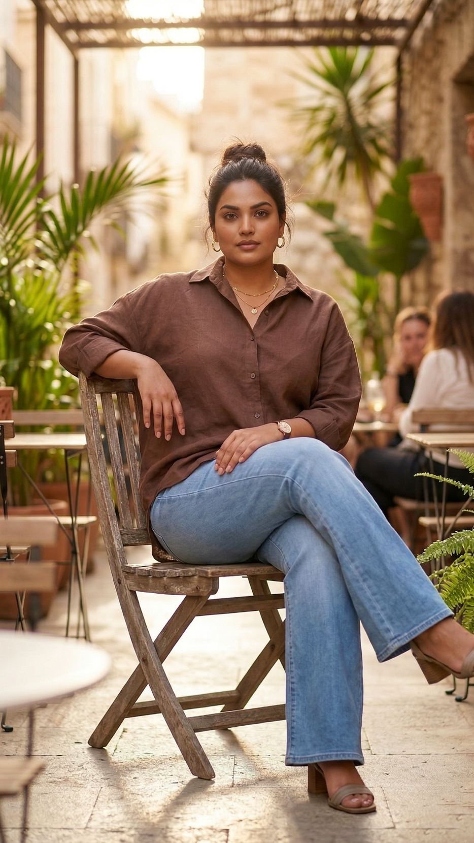 Plus Size Brown Linen Shirt – Casual Relaxed Fit Button-Down Top for Women