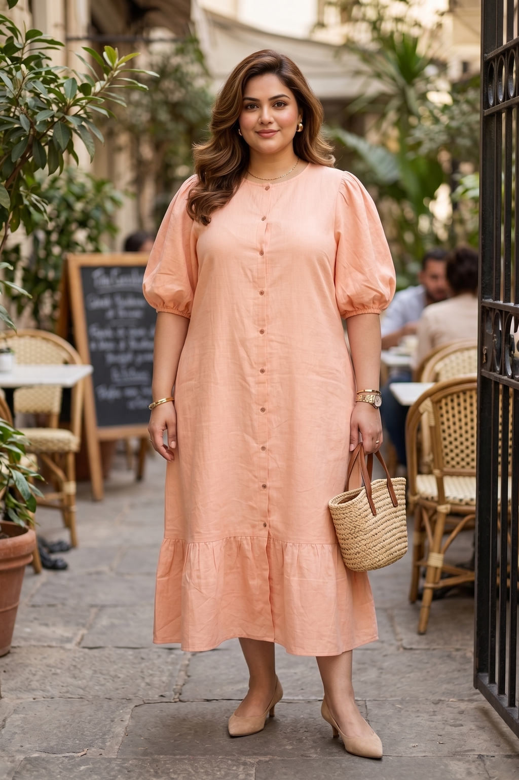 Peach Linen Midi Shirt Dress