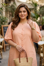 Peach Linen Midi Shirt Dress