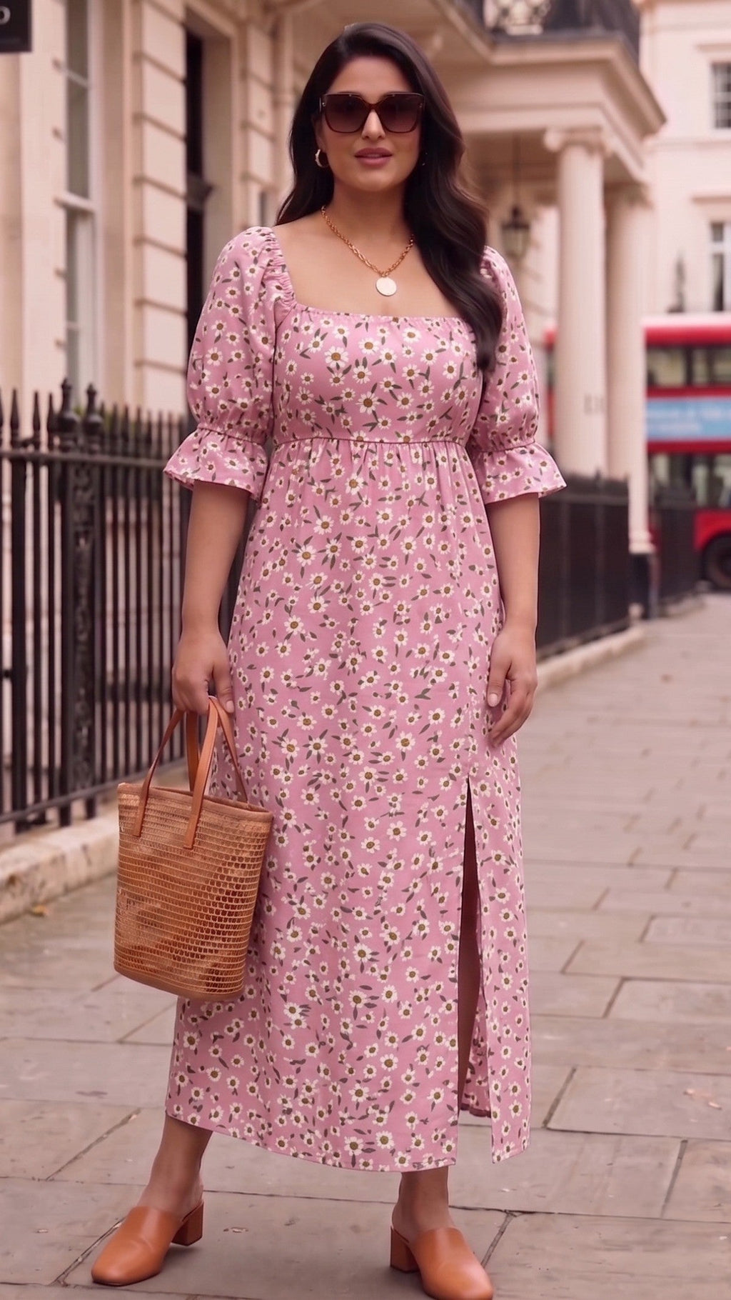 Plus Size Pink Floral Maxi Dress for Women | Square Neck A-Line Dress