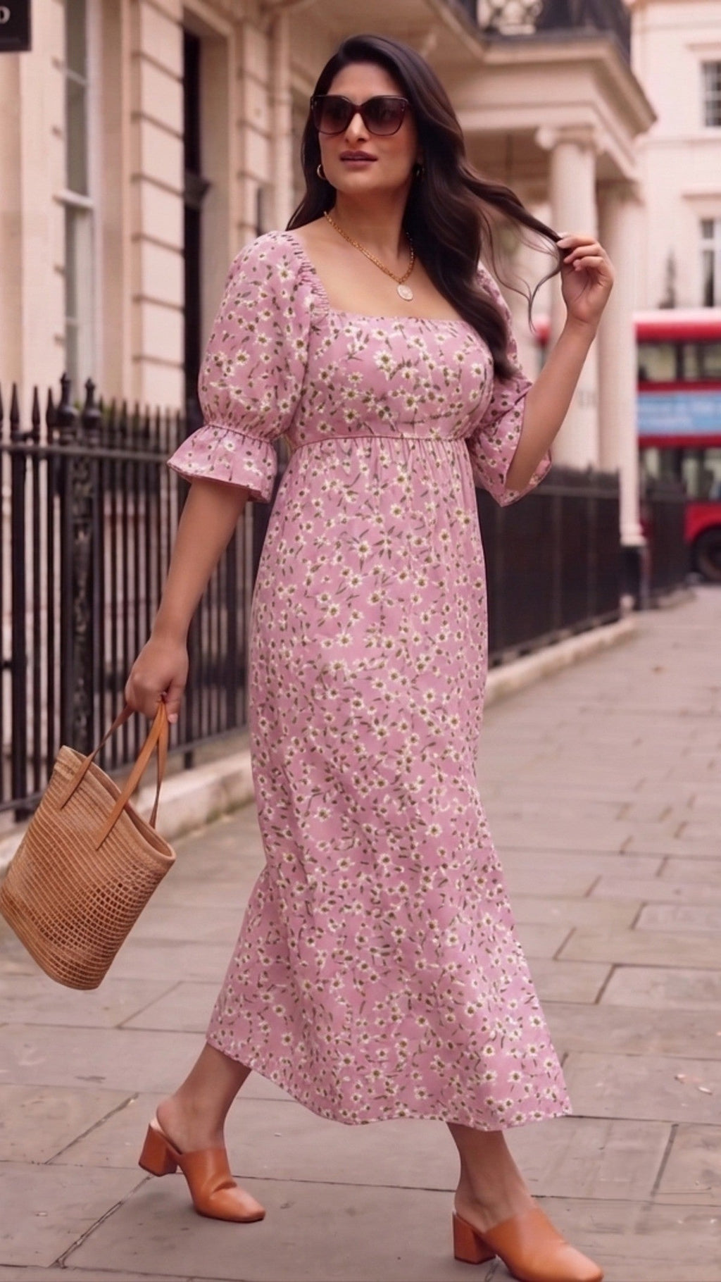 Plus Size Pink Floral Maxi Dress for Women | Square Neck A-Line Dress