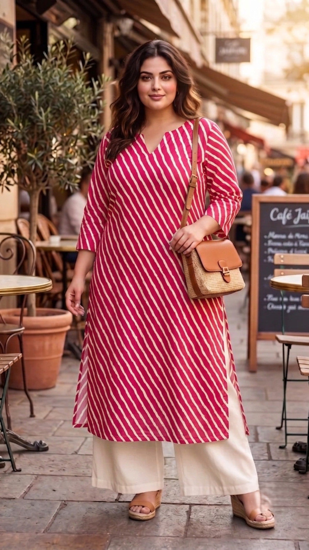 Plus Size Red Cotton Leheriya Kurta for Women | V-Neck Straight Kurta