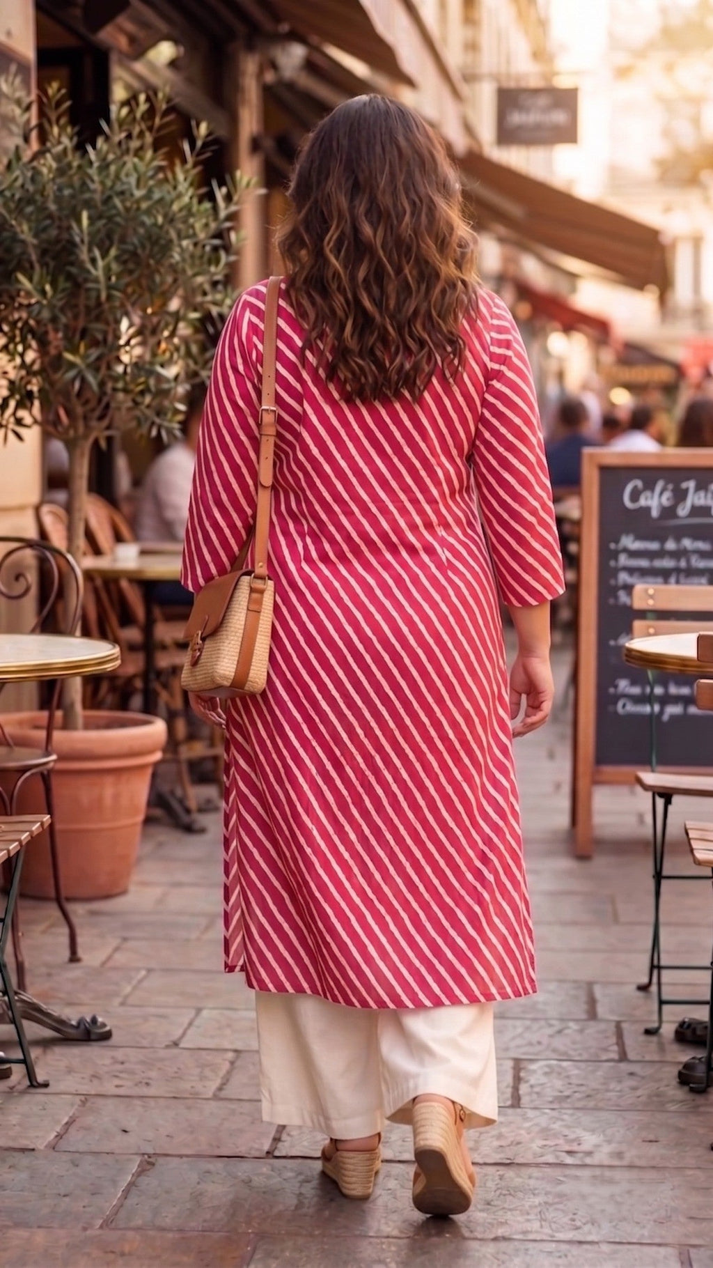 Plus Size Red Cotton Leheriya Kurta for Women | V-Neck Straight Kurta