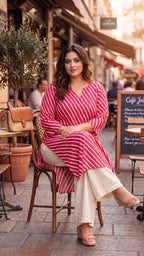 Plus Size Red Cotton Leheriya Kurta for Women | V-Neck Straight Kurta