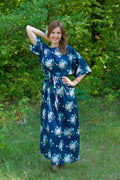 Dark Blue Mademoiselle Style Caftan in Pink Peonies Pattern