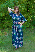 Dark Blue Mademoiselle Style Caftan in Pink Peonies Pattern
