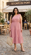 Plus Size Red & White Striped Cotton One Shoulder Dress for Women | Tiered Midi Dress