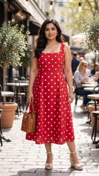 Plus Size Red Heart Print Cotton Midi Dress for Women | Sleeveless Flared Dress