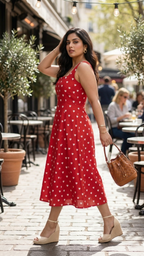 Plus Size Red Heart Print Cotton Midi Dress for Women | Sleeveless Flared Dress