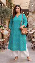 Plus Size Aqua Blue Printed Cotton Kurta | Everyday Ethnic Wear Kurta | Elegant Straight Fit