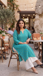 Plus Size Aqua Blue Printed Cotton Kurta | Everyday Ethnic Wear Kurta | Elegant Straight Fit